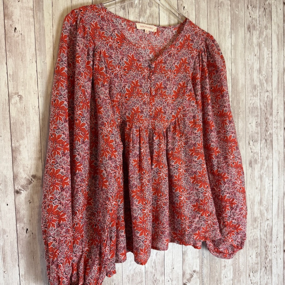 Solitaire Red Floral Boho Peasant Blouse Balloon Sleeve Medium - Picture 3 of 10